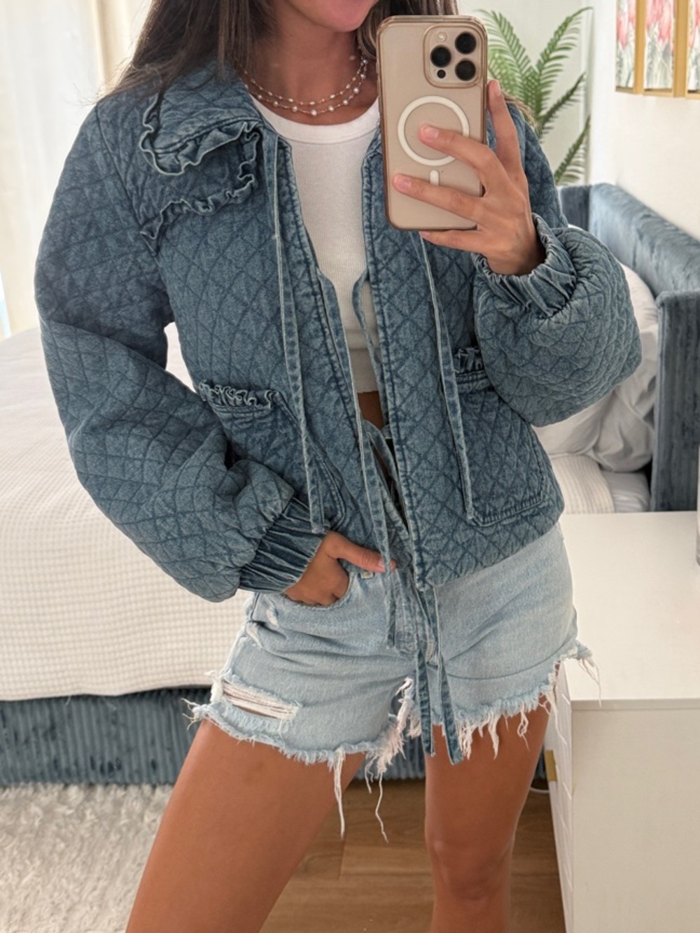 Avec Les Filles Quilted Denim-Blue Puff Sleeve Bomber Jacket